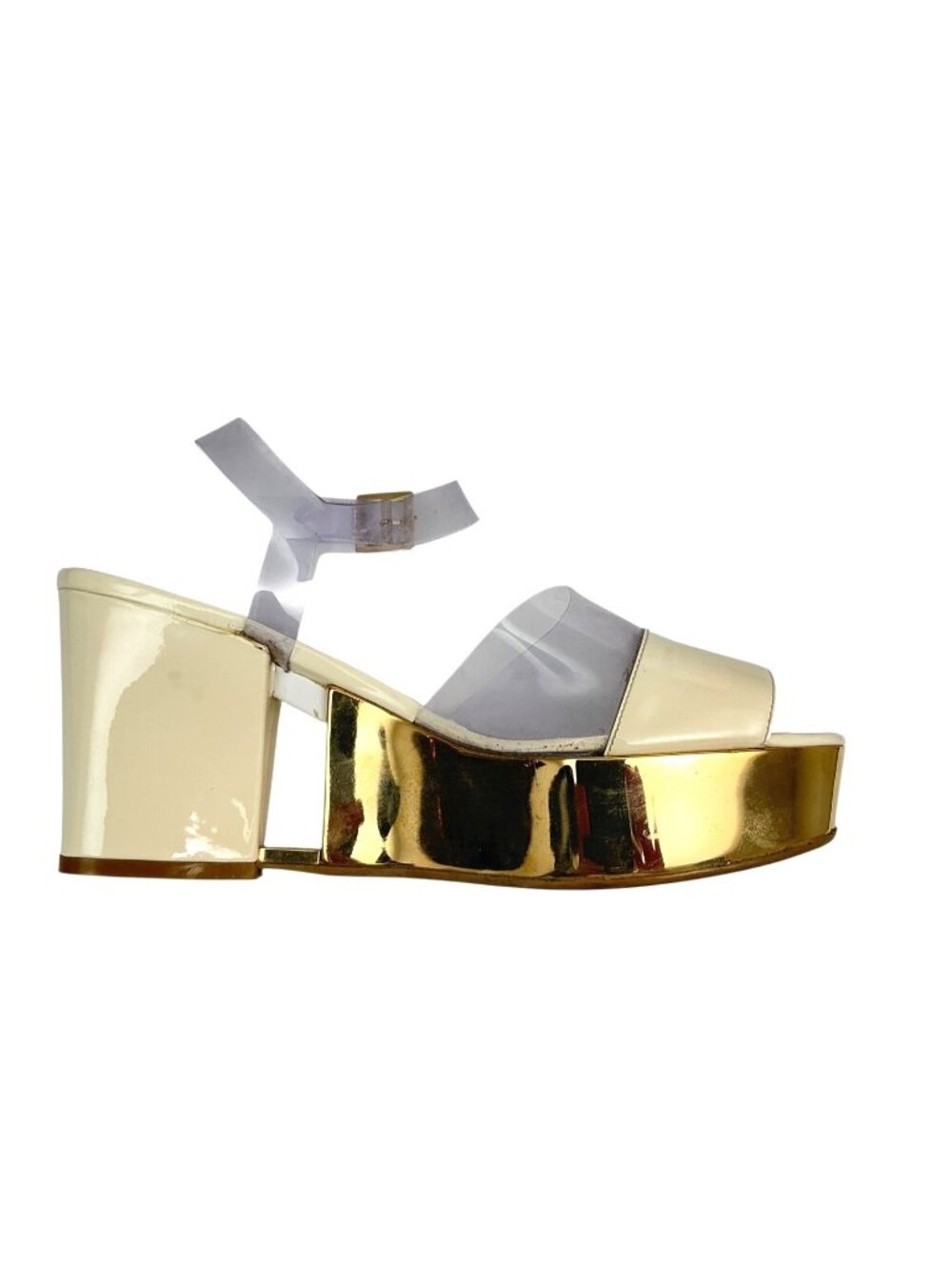 CHANEL Vintage Gold Wedge Platforms With PVC Straps sz 9.5 - Picture 8 of 16